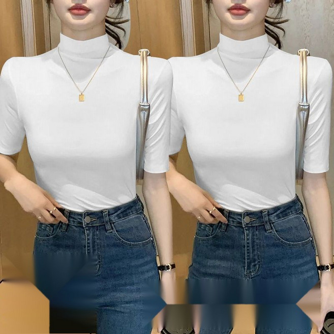 해피유통 여성 1+1 봄여름 5부티 슬림 반폴라 톱 jhfxx