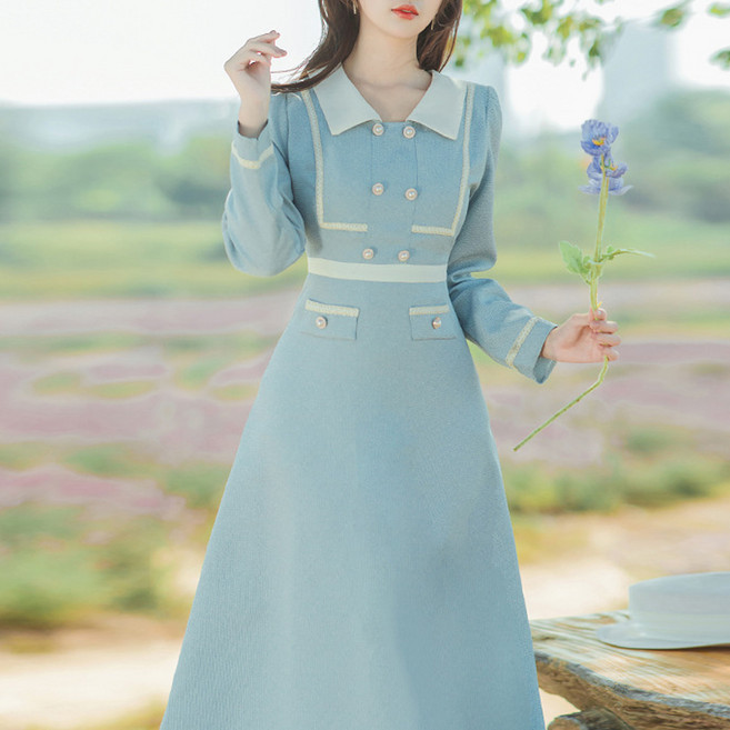 (대여) 스카이블루 진주버튼 트위드 각카라 원피스