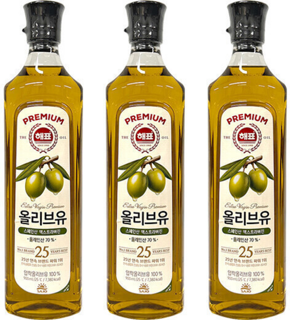 사조 해표 압착 프리미엄 올리브유, 3개, 900ml