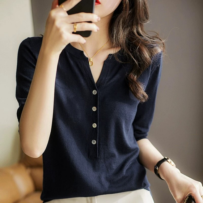 차앤호 에디션 여성용 데일리 니트 슬림핏 반팔 브이넥 단추 니트