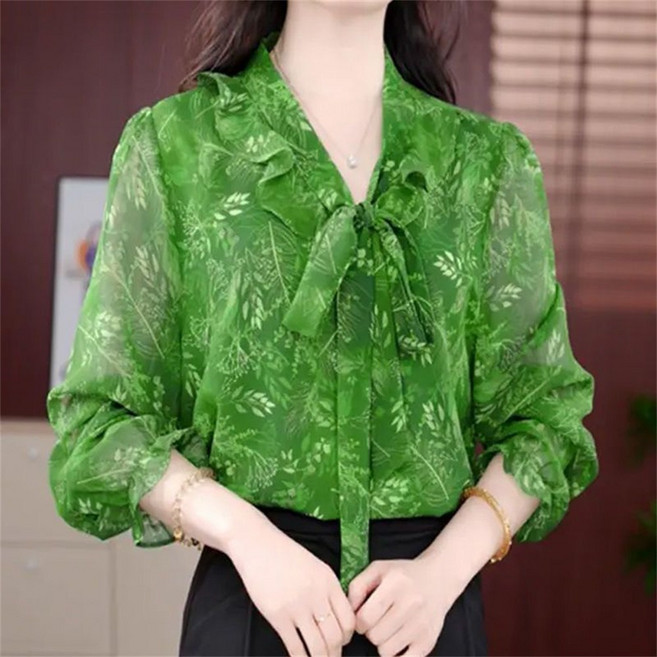 TKX 여성용 긴팔 블라우스 셔츠 리본타이 장식 봄 가을 이너티 레귤러핏 빅사이즈