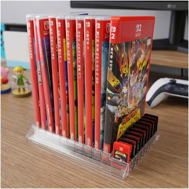호환 2in1 닌텐도 스위치 게임팩 칩 타이틀 케이스 거치대 스탠드 진열장 카트리지 수납 꽂이 정리함 20장 보관 홀더 데스크테리어, 1개, 투명, n2470