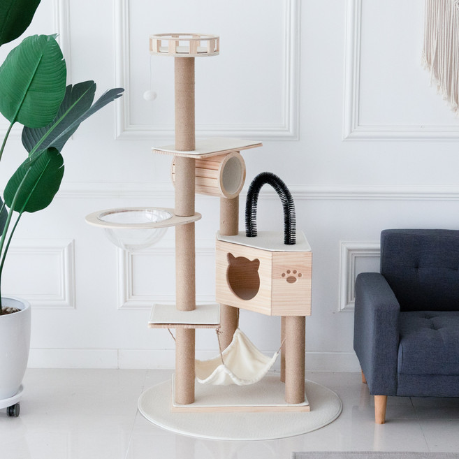 가르르 고양이 원목 캣폴 우주선 캣타워, 그린, 원형, 짧은보드, 1개