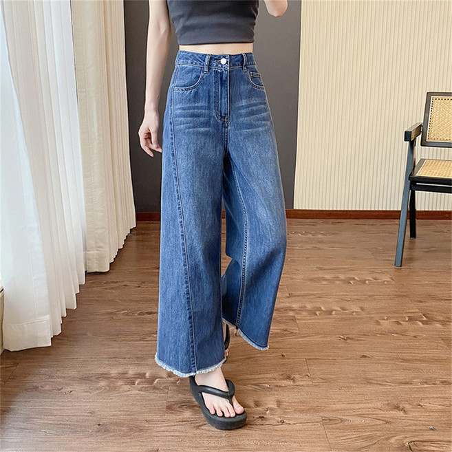 TKX 여성용 봄가을 하이웨스트 와이드 청바지 캐주얼 심플 스타일 슬림해 보인 빅사이즈 K76