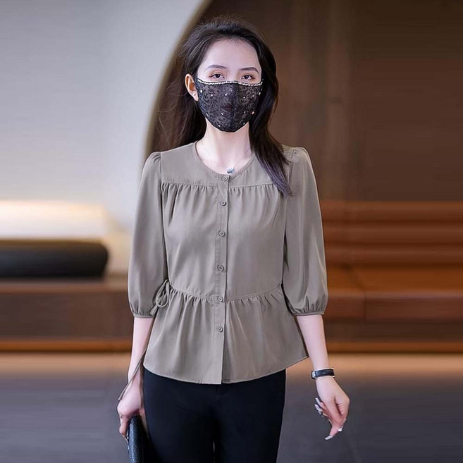 TKX 여성 오피스 캐주얼 라운드넥 쉬폰 블라우스 7부소매 루즈핏 통기성 데일리 셔링 포인트 간절기 기본 상의