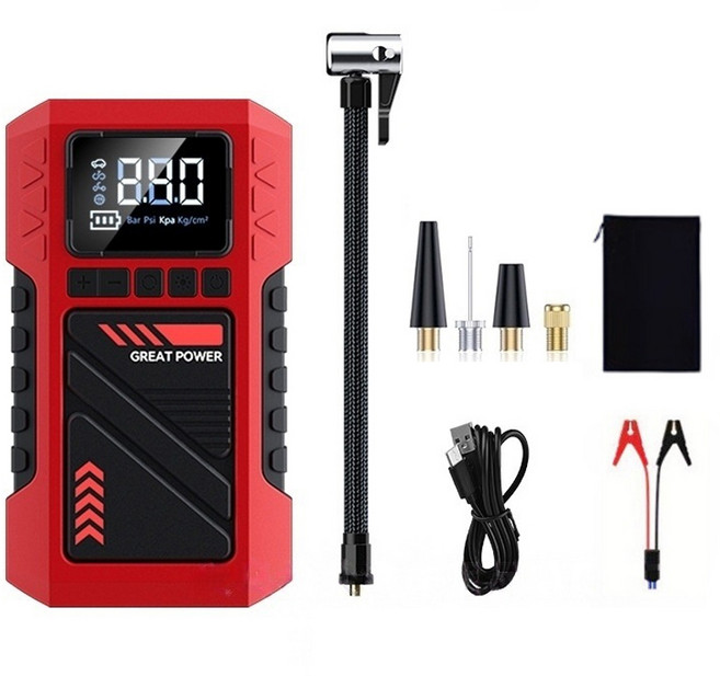 HELLOLEIBOO 휴대용 차량 점프스타터 겸용 에어컴프레셔 11 x 9cm, 레드, 1개