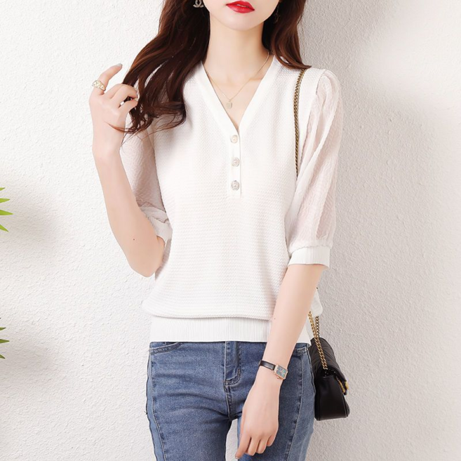 jieve 여성용 캐주얼 봄 가을 반팔 니트 티셔츠 넥 버튼 디테일 시스루 소매 블라우스 SG120444