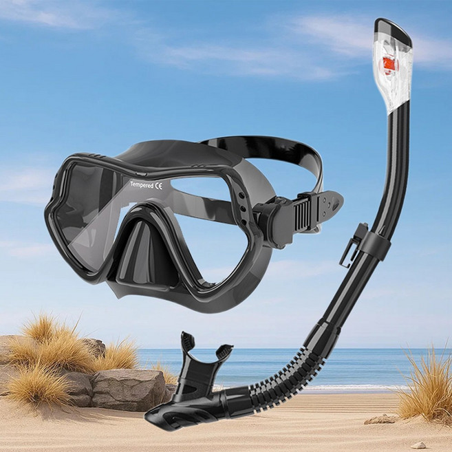 퓨어포스 프리미엄 스노클링 마스크 세트 고투명 일체형 렌즈 성인 수경 남녀공용 고글형 물안경 실리콘 마우스피스 프리다이빙 수영 장비, 1개, R98712B(블랙