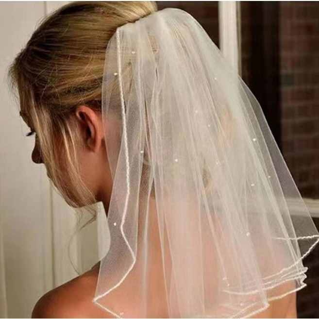 웨딩 촬영 베일 면사포 셀프웨딩소품 브라이덜샤워 스냅촬영 헤어액세서리 결혼식 숏베일, 1개, 화이트진주