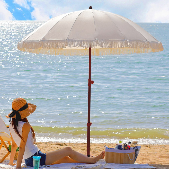 연필트리 감성 캠핑 비치 파라솔 2m + 받침대 + 파우치 세트, 브라운