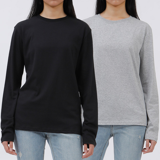 엠제이스타 2장 세트 여성 빅사이즈 베이직 남녀공용 사계절 무지티 긴팔티 면티 흰티 여자 티셔츠 캐주얼 패션 의류 긴소매