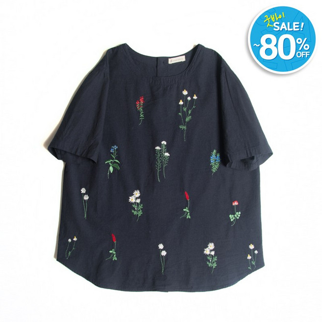 퀸앤조이 플로라 꽃자수 린넨 반팔 블라우스