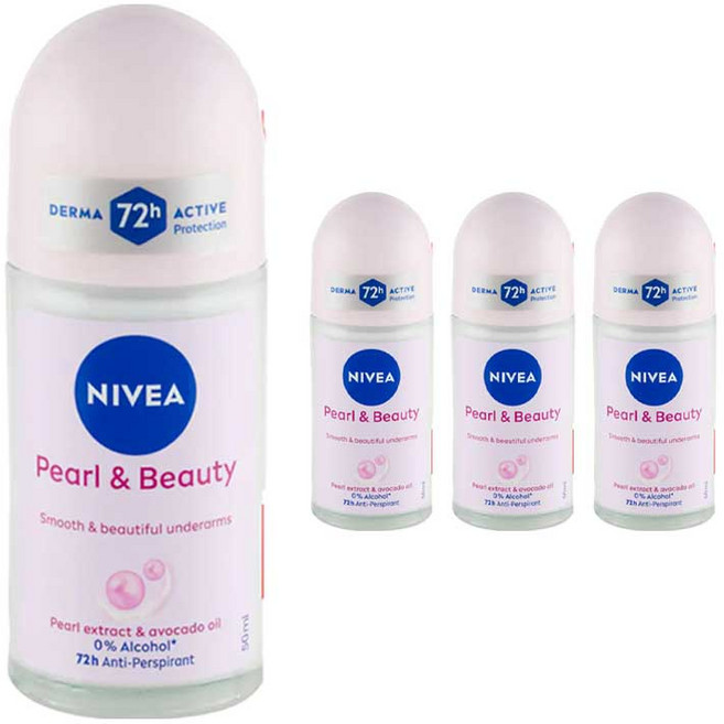 니베아 여성용 펄 앤 뷰티 48 잼 롤 온 데오드란트, 50ml, 4개
