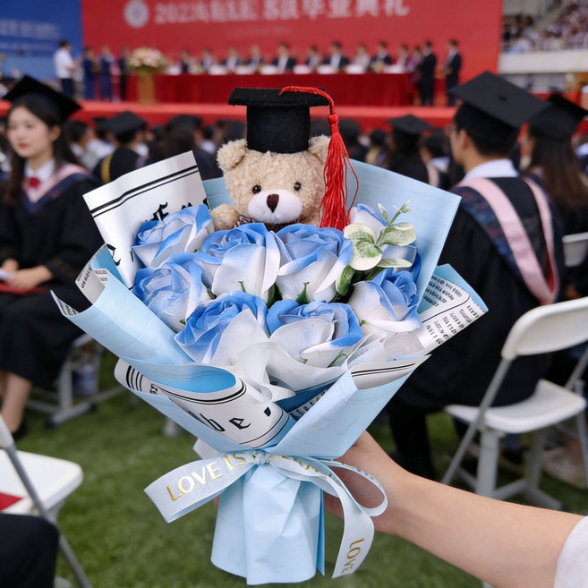 畢業季博士熊花束 太陽花玫瑰香皂花成品送同學閨蜜仿真永生花, 8朵博士熊字母花束碎冰藍 1個
