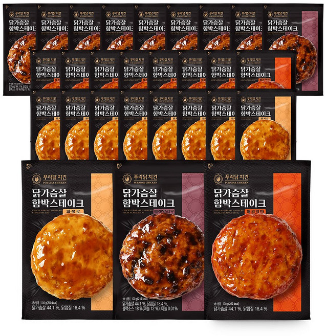 [무료배송/당일출고] 푸라닭 닭가슴살 함박스테이크 3종 혼합, 100g, 28개