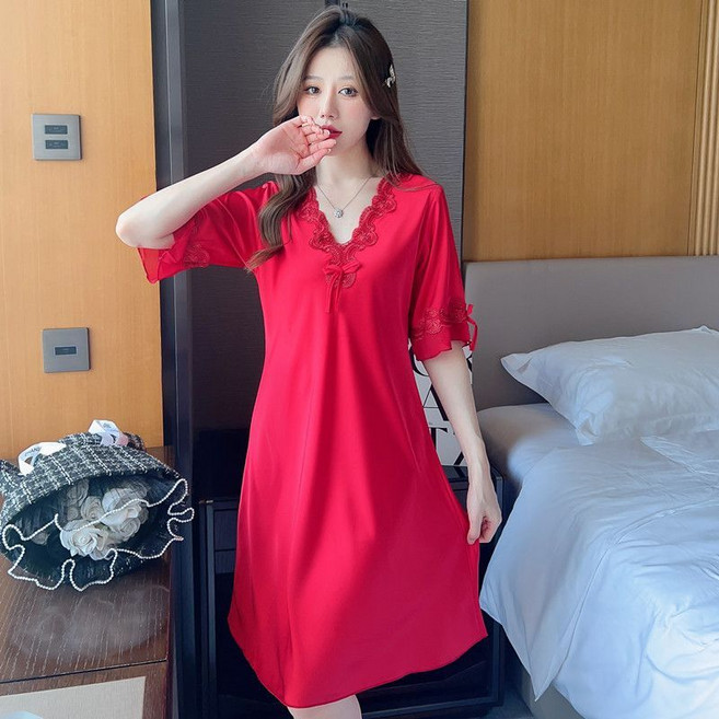 帕蘭朵 冰絲睡衣 蕾絲寬鬆睡裙 柔軟絲綢短袖家居服, 1個, 紅色L（100-120斤）