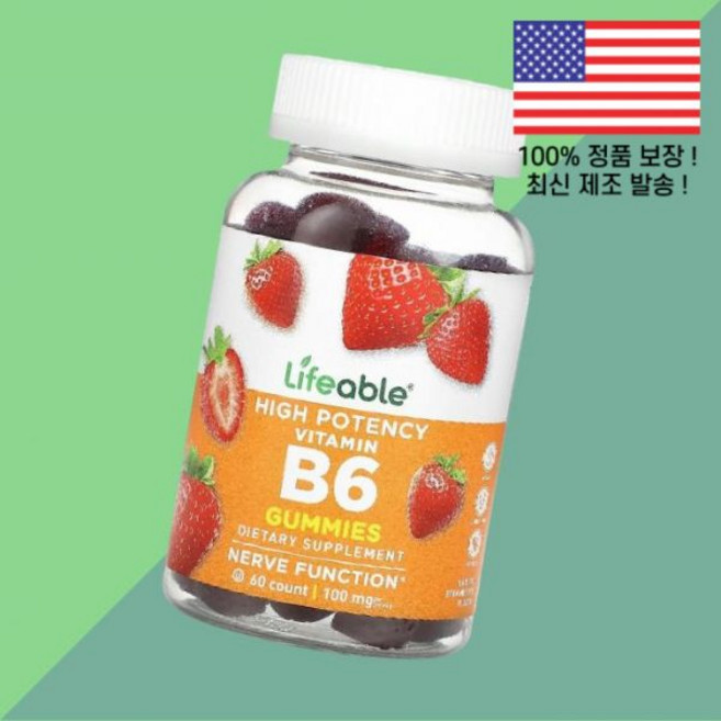 라이프에이블 고함량 비타민B 비타민비 비타민B군6 젤리 구미 내추럴 딸기 스트로베리 60젤리 구미당 50mg Lifeable High Potency Vitamin비타민B6 비타, 라이프에이블 고함량 비타민B6 피리독신 비타민B군 비타