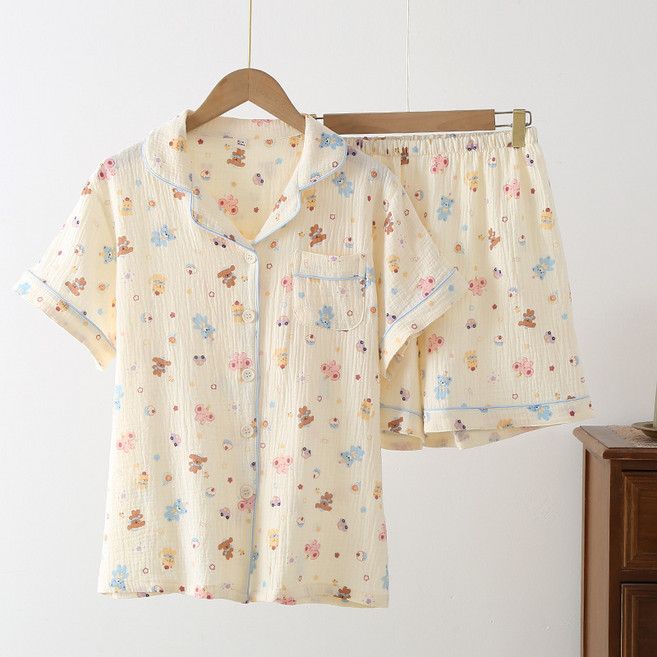 편안한 반팔반바지 거즈순면 잠옷세트 여성 파자마 세트 귀여운 동물들