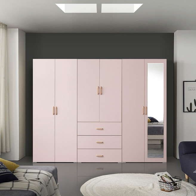 케이컴퍼니 LPM 이음2400장롱세트DCM(옷장+3서랍옷장+거울이불장) 장롱세트, 핑크