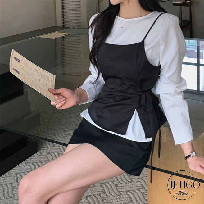 레티고 [투피스] 우아한 프렌치무드 뷔스티에 셔츠 레이어드 세트