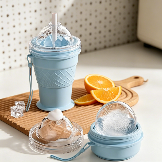 휴대용 접이식 2in1 얼음볼 컵 양질의 실리콘 6cm 아이스볼 얼음틀 여름 캠핑 빨대물병 325ml, 1개, 푸른 색