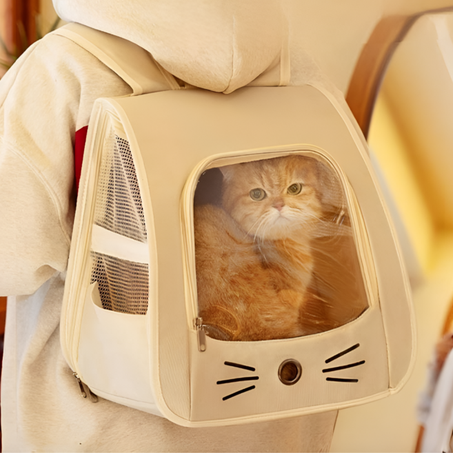 유즈나인 고양이 강아지용 통풍메쉬 투명창 백팩 이동가방, 1개, 아이보리