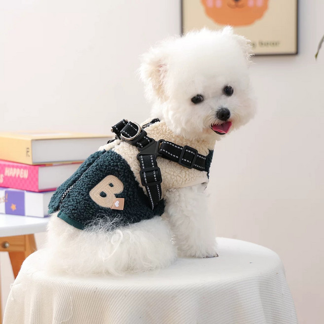 강아지 옷 강아지 하네스옷 테디 포근 패딩 조끼, 그린