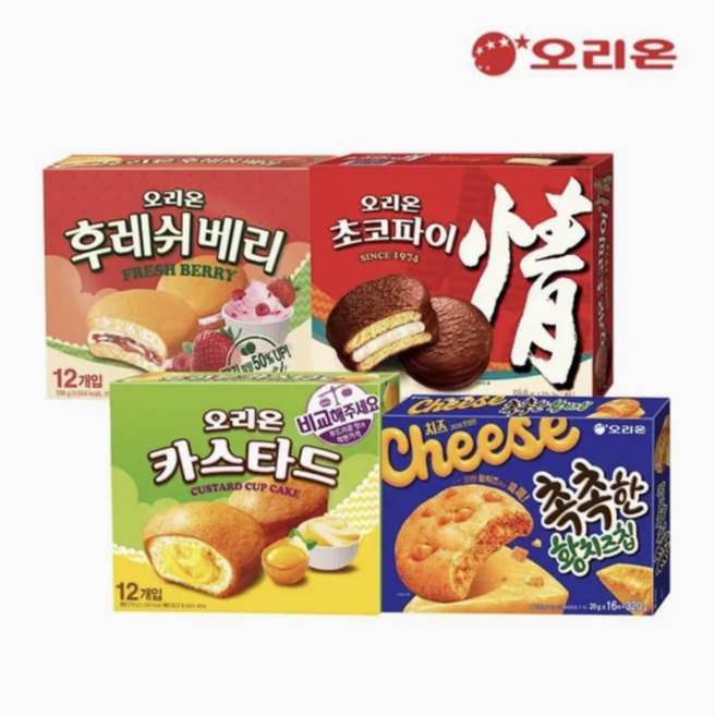 [오리온] 촉촉한황치즈칩+초코파이+후레쉬베리+카스타드, 1개, 1.4kg