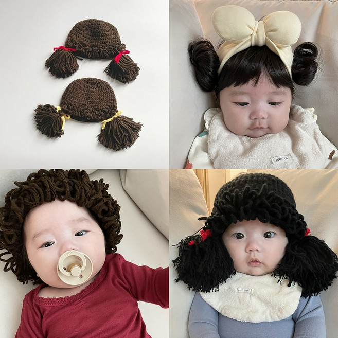 베베 아기가발 모자 유아 위그햇 뽀글이가발, 단발