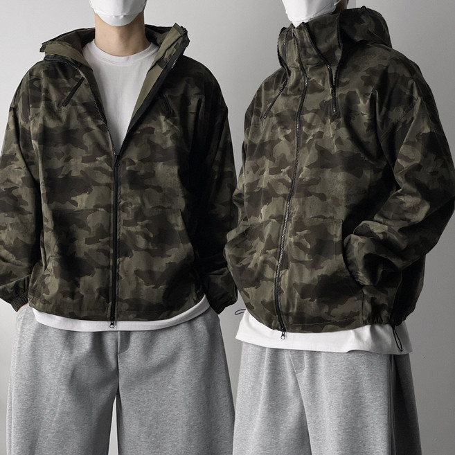 오프앤 남성 카모 밀리터리 오버핏 후드 집업 바람막이 점퍼