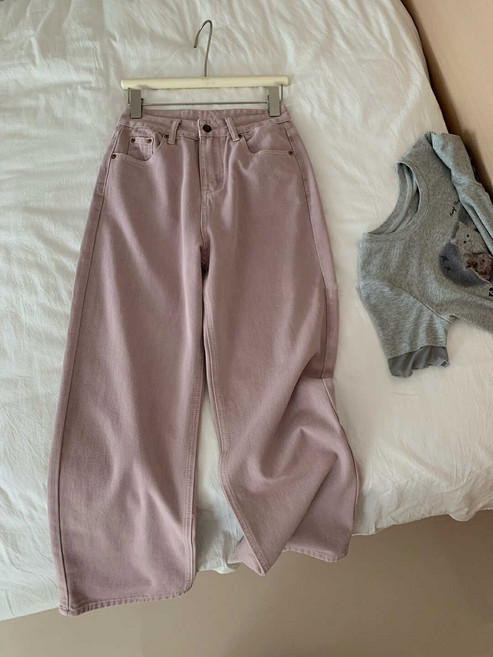 한국판 더티 핑크 퍼플 하이웨스트 와이드 일자핏 배기 데님 팬츠