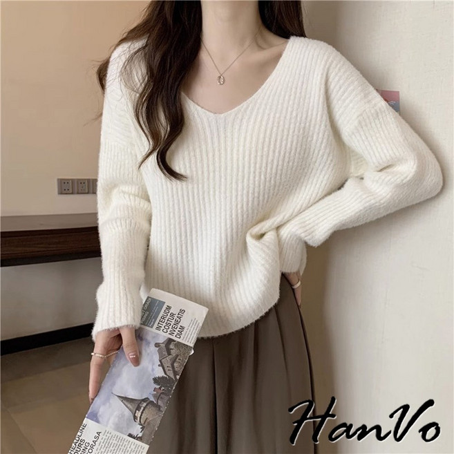 HanVo 毛絨V領長袖針織衣 - 保暖冬季上衣 女裝 A02-0572