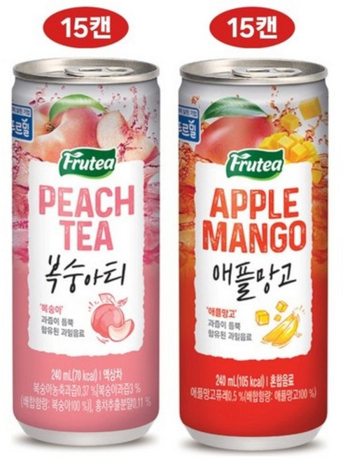 푸르밀 푸르티 2종 혼합세트 복숭아티/애플망고, 1세트, 240ml