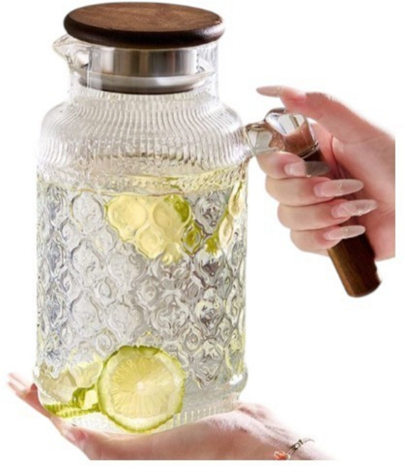 胡桃木冷水壺 耐高溫玻璃家用大容量裝涼白開水壺泡茶壺, 1個, 1.5L復古風水壺【原木蓋】