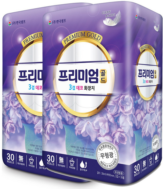 프리미엄골드3겹 데코 화장지 천연펄프 함유, 30m, 30롤, 2개
