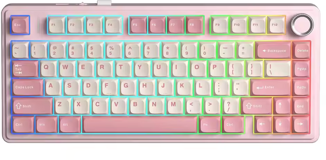 AULA F75 RGB 3모드 유무선 커스텀 기계식 키보드, 화이트 + 핑크, 딸기 민트 축, 제조사축