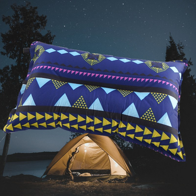 에어 자충 베개 캠핑 감성패턴 휴대용 여행 차박 목베개, 블루, 1개