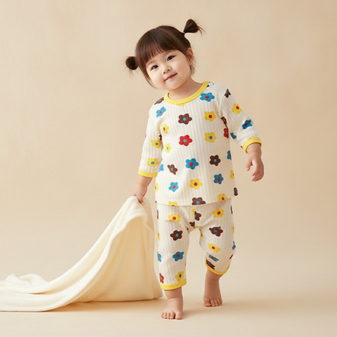 몽실이 패턴 골지 순면 칠부실내복 봄 여름 무형광