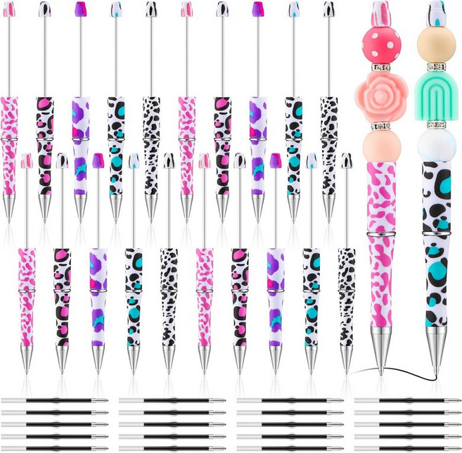 Ctosree 20개입 소와 치타 무늬 비즈 펜 세트 (다양한 색상의 비즈와 리필심 포함) 다채로운 동물 모양 볼펜 (DIY 제작 사무용품 학용품 발렌타인데이 선물용)(, Cow Print