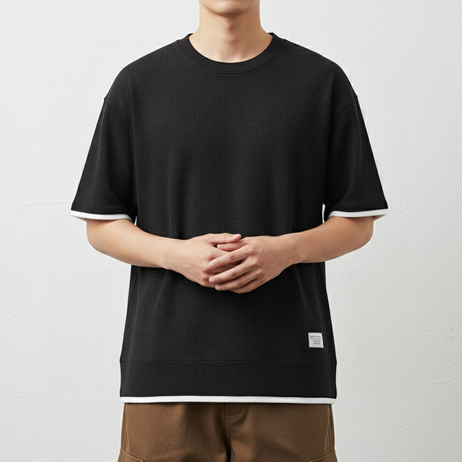 루크 남성 와플 패턴 레이어드 반팔 티셔츠 대학생 깔끔한 패션 루즈핏 밑단 레이어드티 데일리 캐주얼 슬림핏 이너 무지 기본템