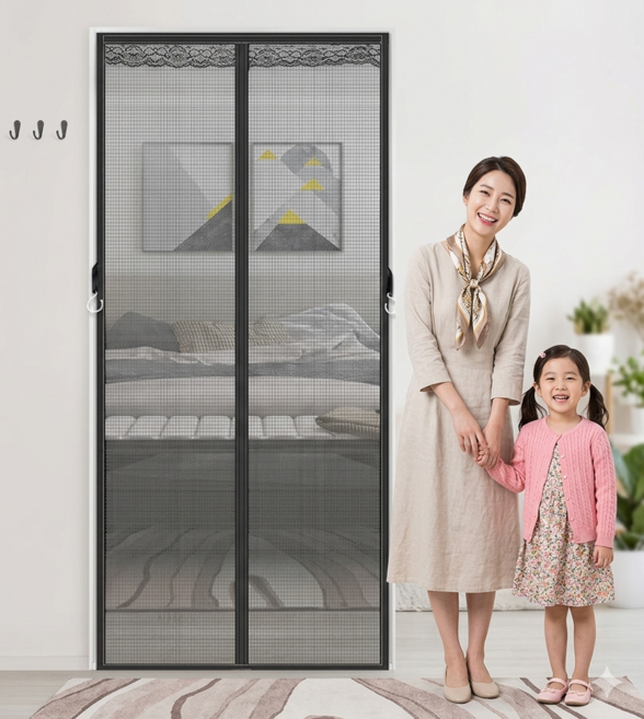 코일리룸 현관 방충망 무타공 찢어지지 않는 자석 방문 모기장, 블랙