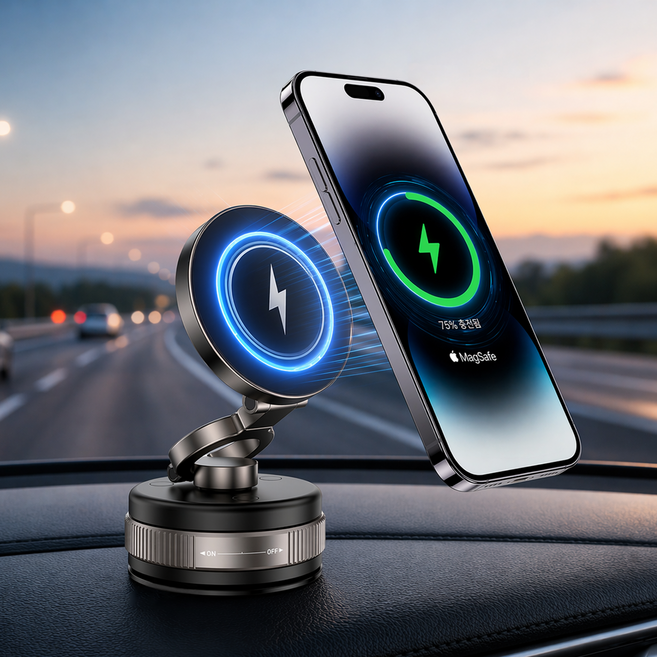 KEXMOO 차량용 진공흡착 맥세이프 무선충전 거치대 15W 고속충전 강력고정, D1W, 블랙