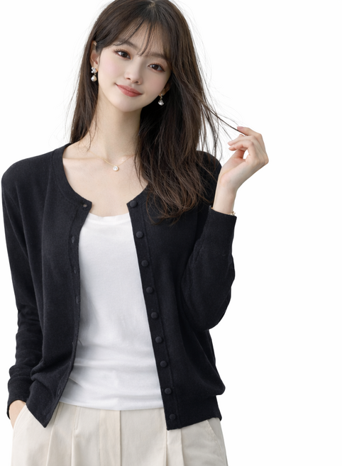 산다미로 간절기 베이직 라운드 부드러운 긴팔 니트 가디건 빅사이즈