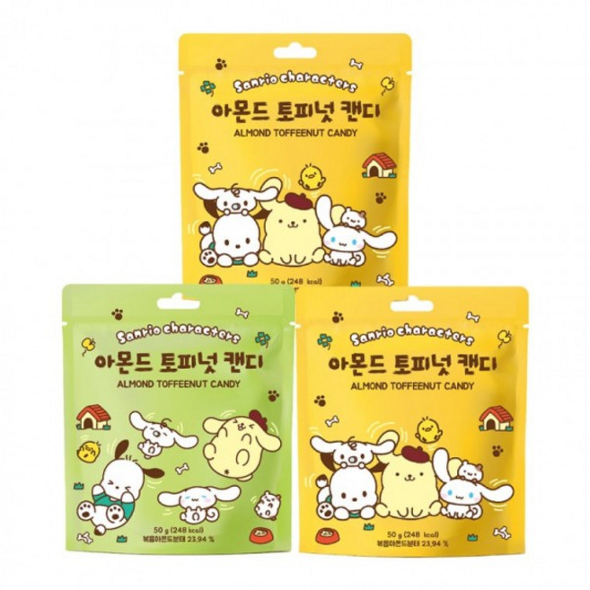 입이 심심할때 산리오 아몬드 토피넛 캔디 50g (색상 랜덤) 3개 맛있는 간식 어린이집 사무실 추천
