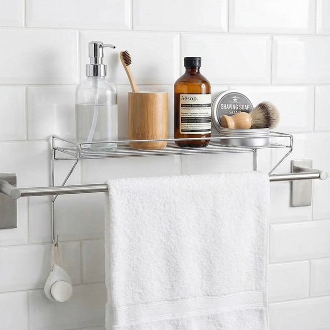 이지유 304 스텐 무타공 욕실 수건걸이 수납 선반 거치대, 1개, 실버