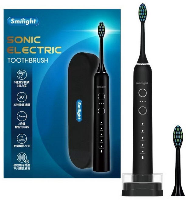 Smilight 超聲波電動牙刷 德國Pedex刷毛 多段潔牙模式 IPX7防水 續航70天, 1個, 電動牙刷組-量子黑