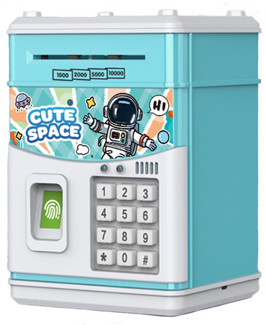 FOOI NEW 지문인식 사운드 ATM 저금통 지폐 저금통 미니금고, 블루 우주인, 1개