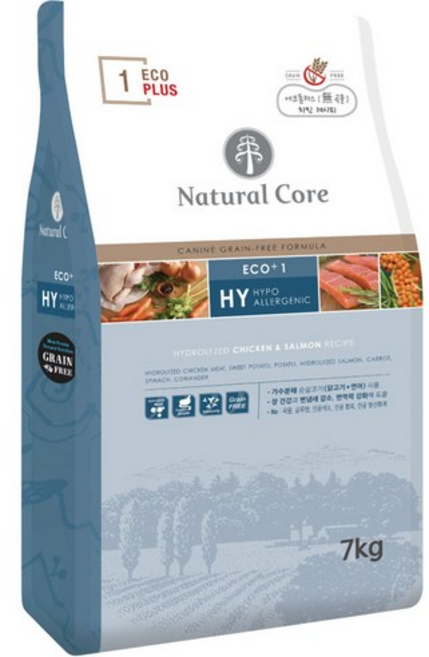 네츄럴코어 전연령 에코플러스1 그레인프리 치킨&연어 건식사료, 닭, 7kg, 4개