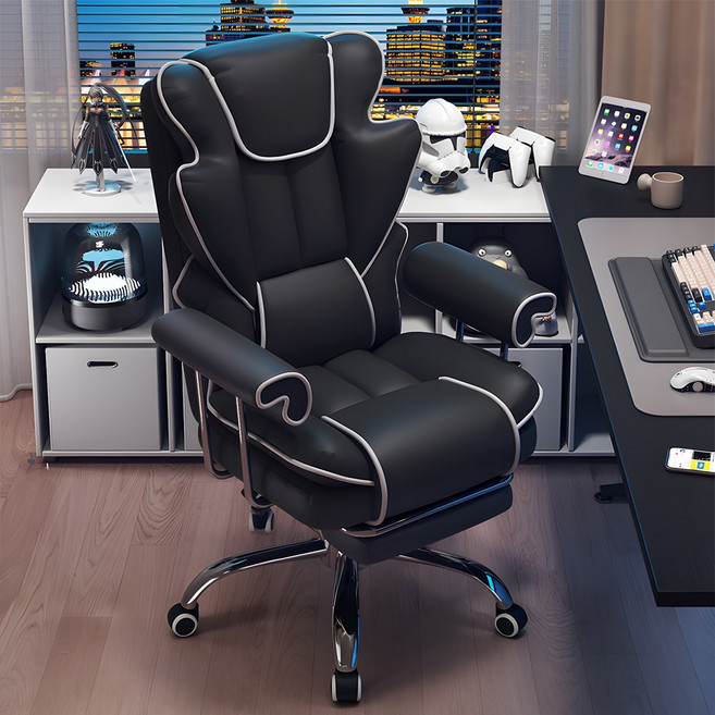 Aram 고급형 침대형 리클라이너 게이밍 컴퓨터 가죽 사무용 의자, 블랙