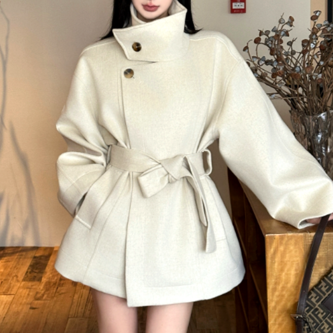 벨로아 여성용 겨울 트렌치 벨트 하이넥 코트